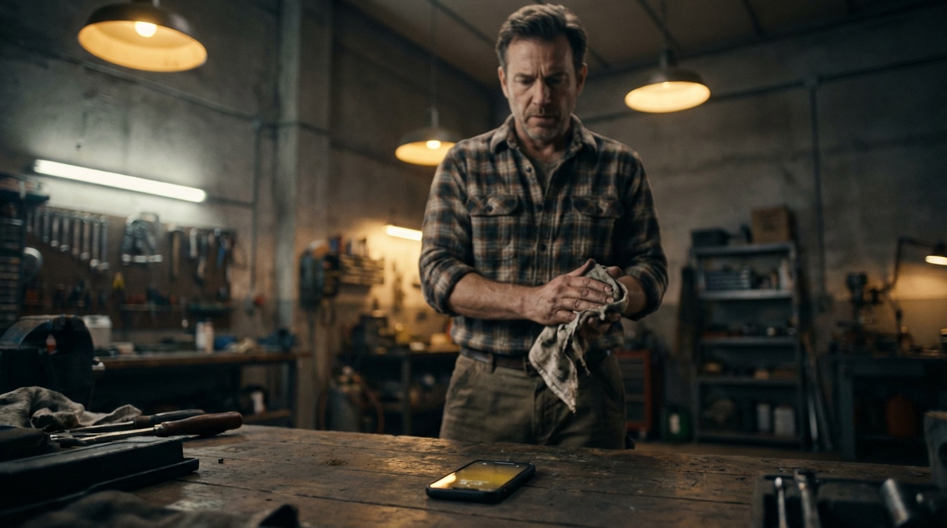 A tradesperson in a workshop garage at dusk, a phone on the workbench in the foreground