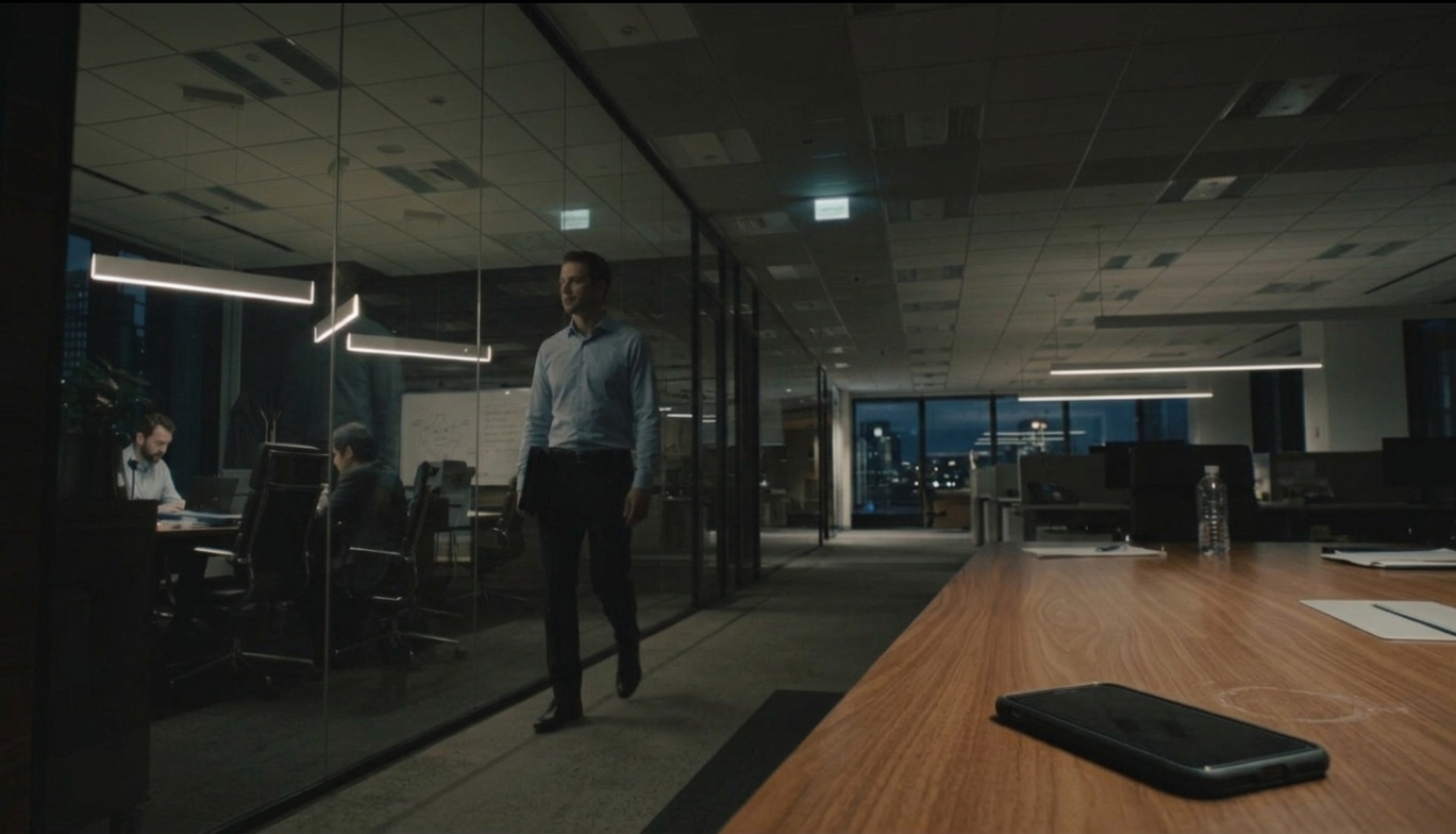 A man in a suit on a late evening call at a city office window, phone screen glowing against the skyline