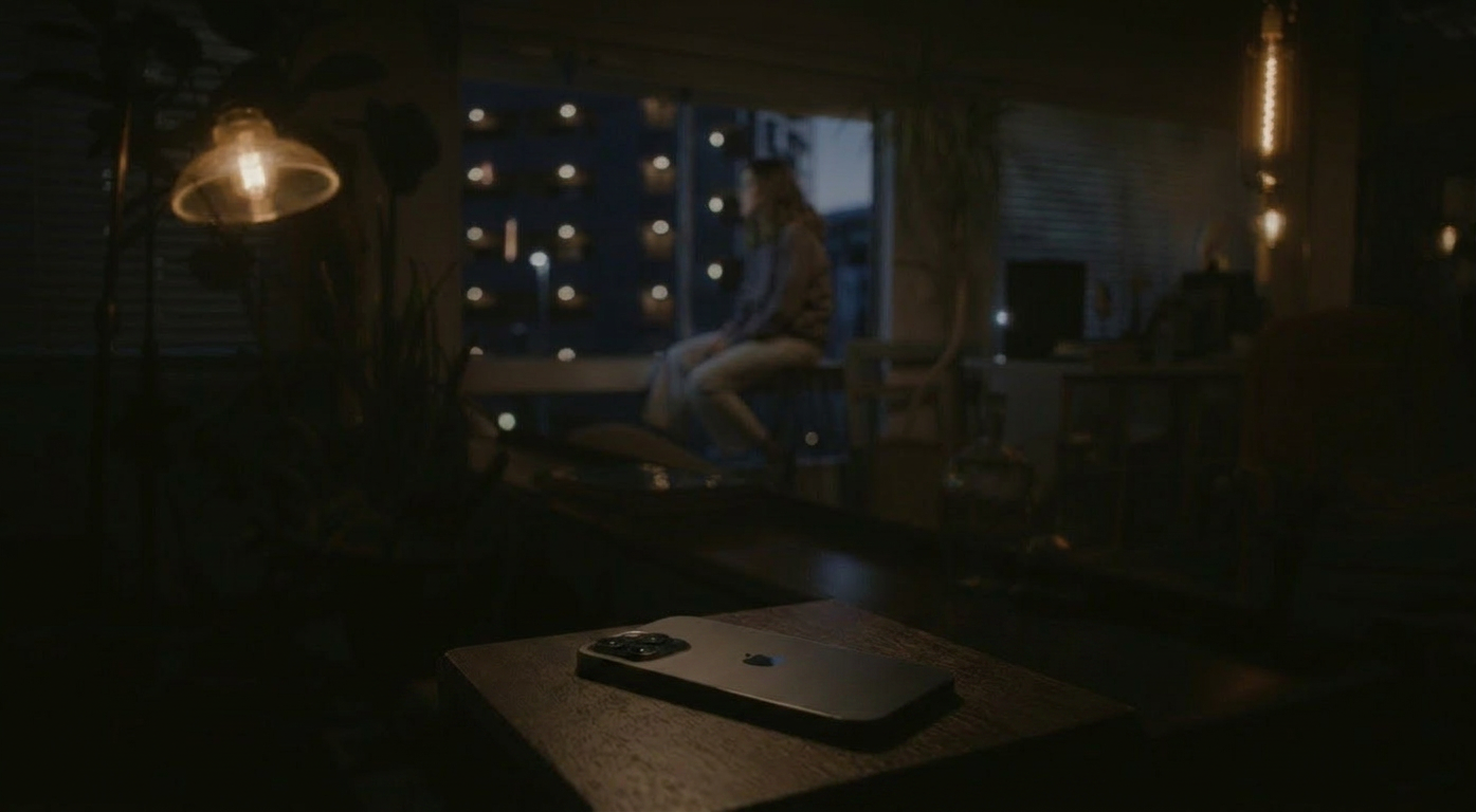 An older woman looking out the window of her home at dusk, a phone resting on the table in the foreground