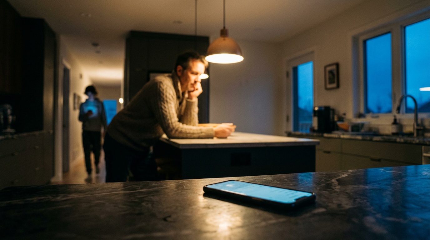 A parent at a kitchen island in the evening, a teenager doing homework in the background, a phone on the counter in the foreground
