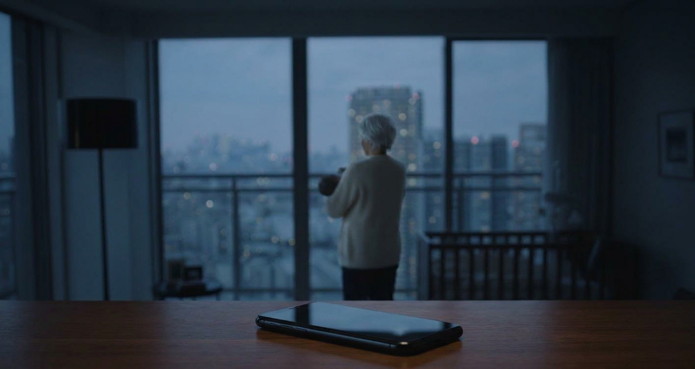 An elderly woman standing at a floor-to-ceiling window looking out at a city skyline at dusk, a phone on the table in the foreground